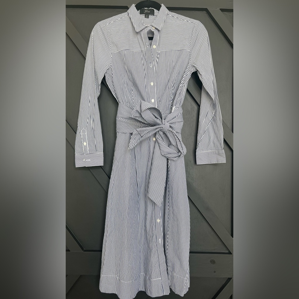 J. Crew Tie-Waist Shirt-Dress with Navy/White Stripes in cotton poplin, Size 2 - Picture 3 of 6